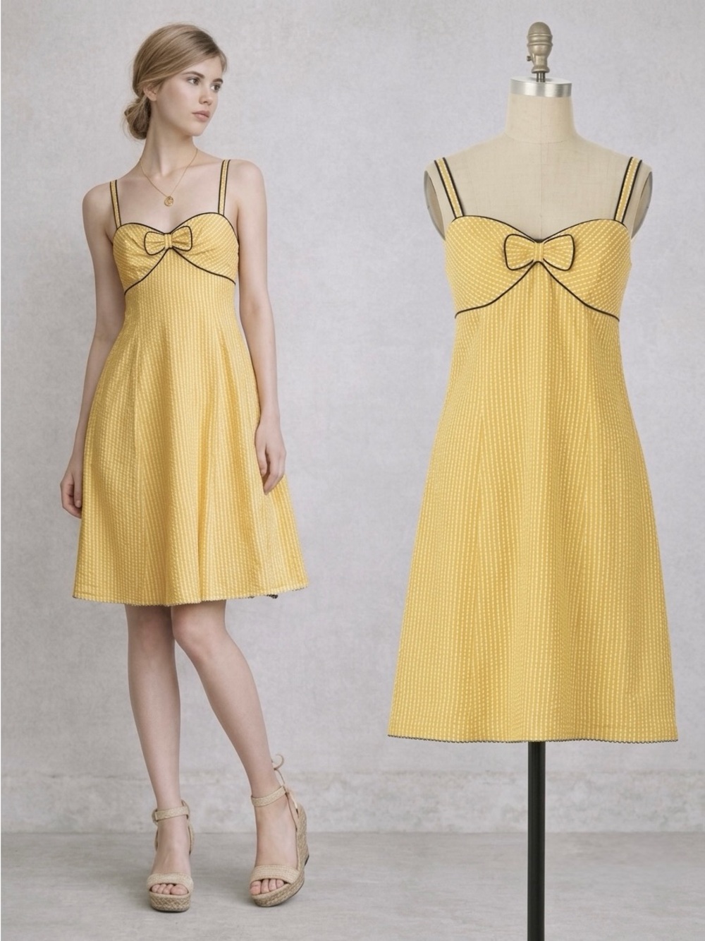 Anthropologie Lemon Parfait Bow Yellow Striped Summer Dress Cotton Viola Sz 8 - Picture 1 of 10
